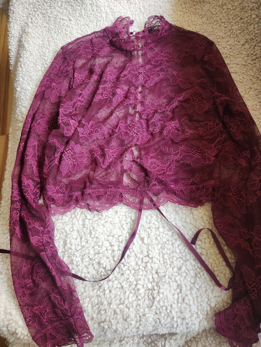 Victoria's Secret Sheer Lace Long-Sleeve Crop Top - Burgundy, Size Small